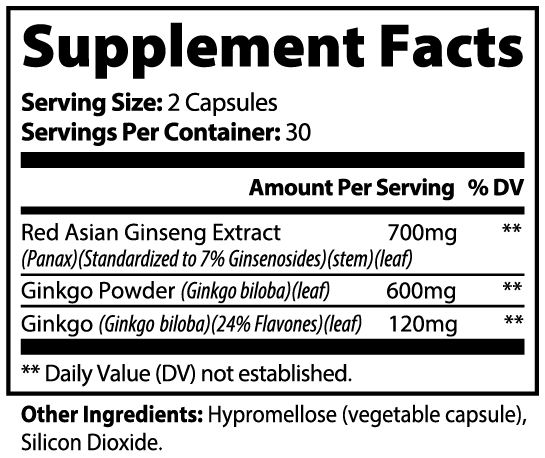 Ginkgo Biloba and Panax Ginseng Complex Capsules for Men & Women - Supports Focus Mood Memory Energy & Brain Function - 100% Natural