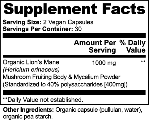 Lion's Mane Mushroom (100% Organic) for Mental Clarity, Memory, Nerve development and function and Concentration