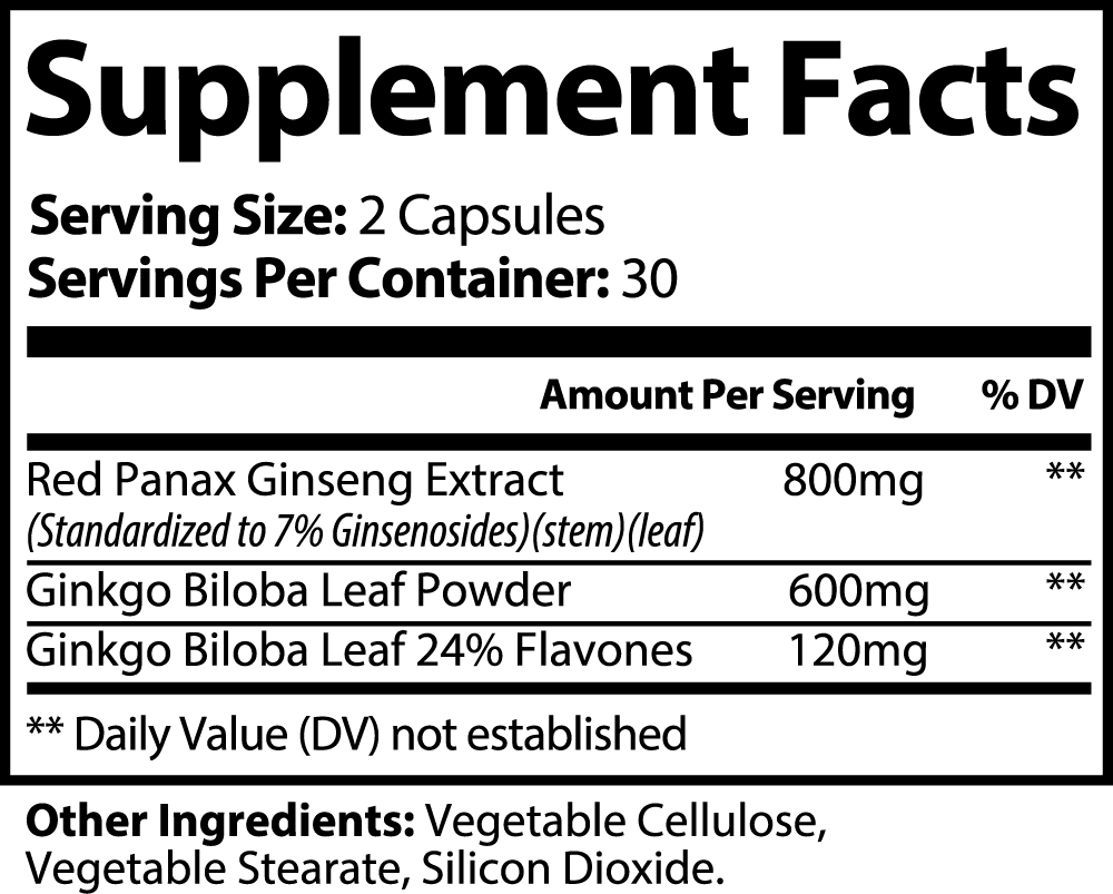 Ginkgo Biloba and Panax Ginseng Complex Capsules for Men & Women - Supports Focus Mood Memory Energy & Brain Function - 100% Natural