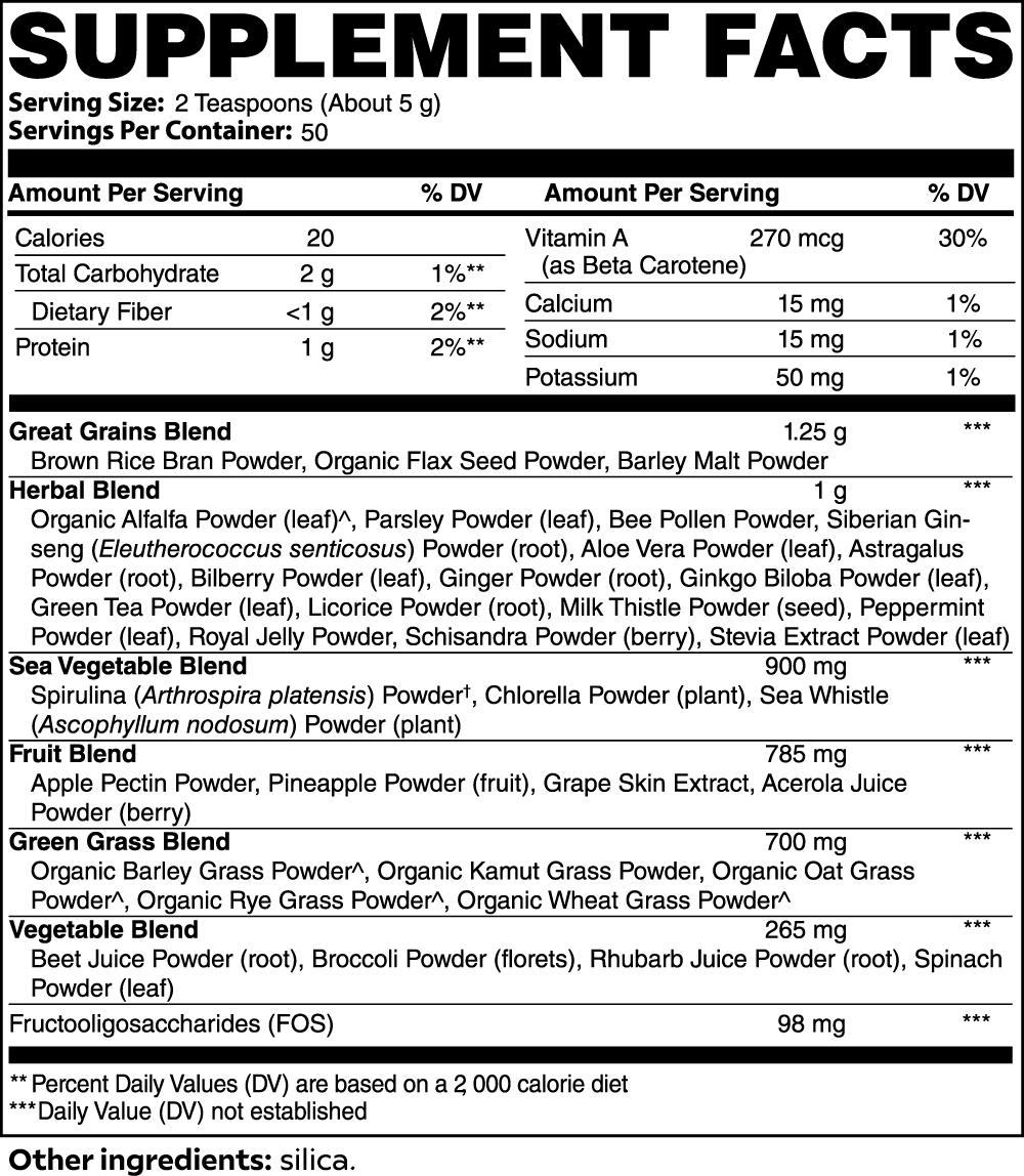 ULTRA SUPER GREENS (full serving of veggies, superfoods, B-Vitamins, and botanical extracts designed to fuel the body)